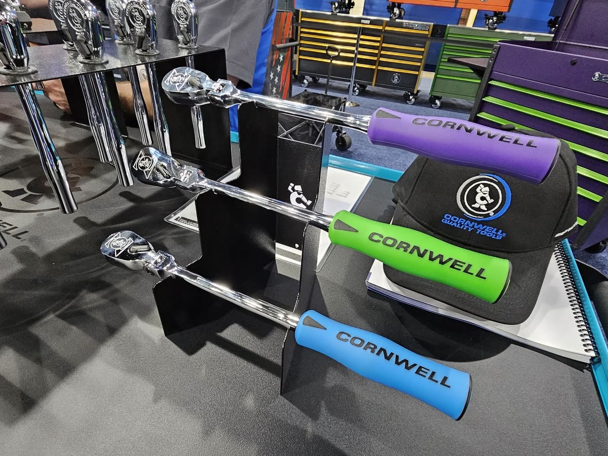 Cornwell ratchets with colored grips on a display stand, the kind of new release that shows up in this month's Cornwell catalog