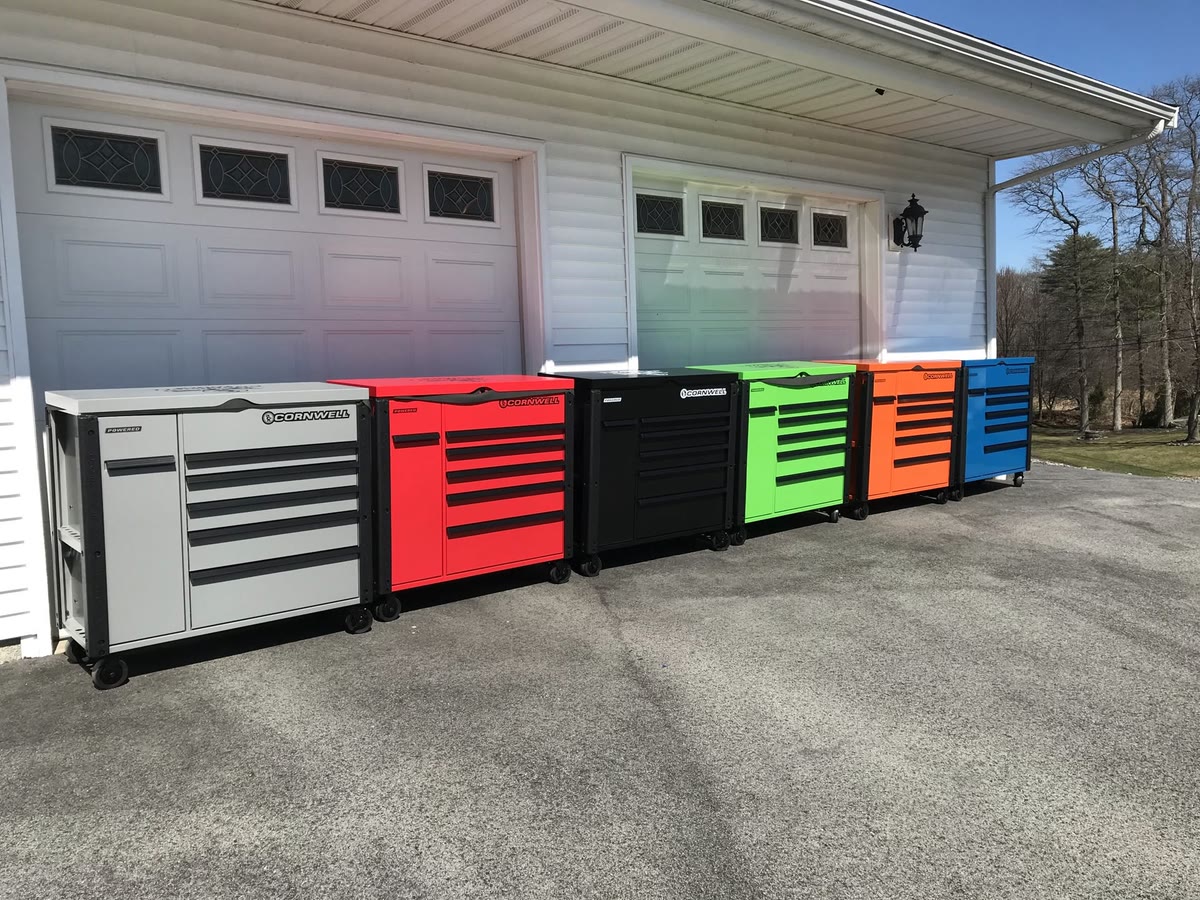Six Cornwell tool carts lined up in a row, the kind of tool storage Tool Co offers financing on for Rio Grande Valley shops