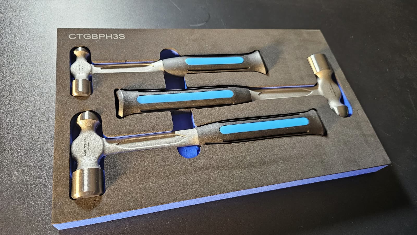 A Cornwell hammer set in its foam tray, spec'd for a technician's box on the Tool Co route