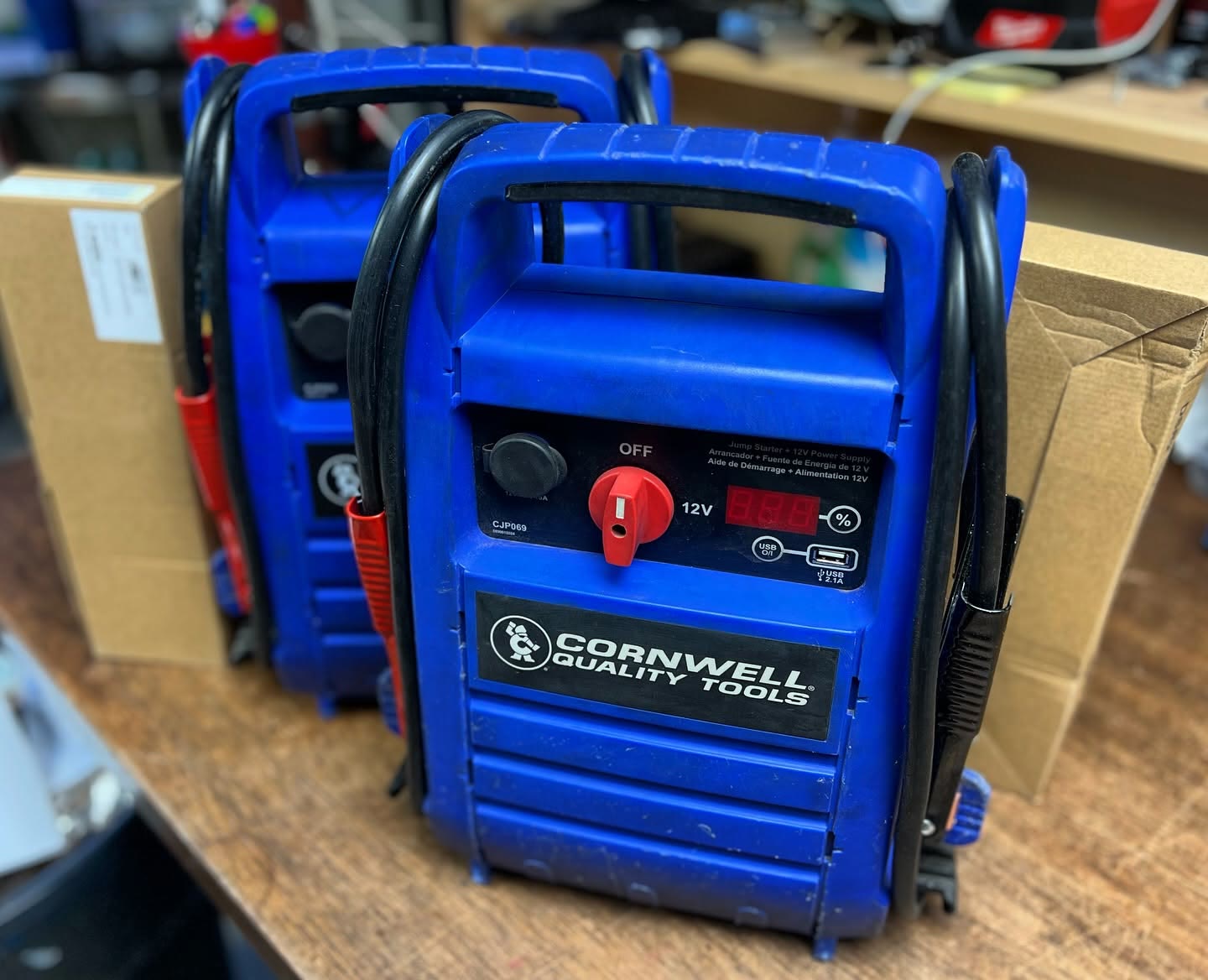 Two Cornwell jump starters on a workbench, the kind of shop equipment the Tool Co truck delivers to Pharr fleet shops