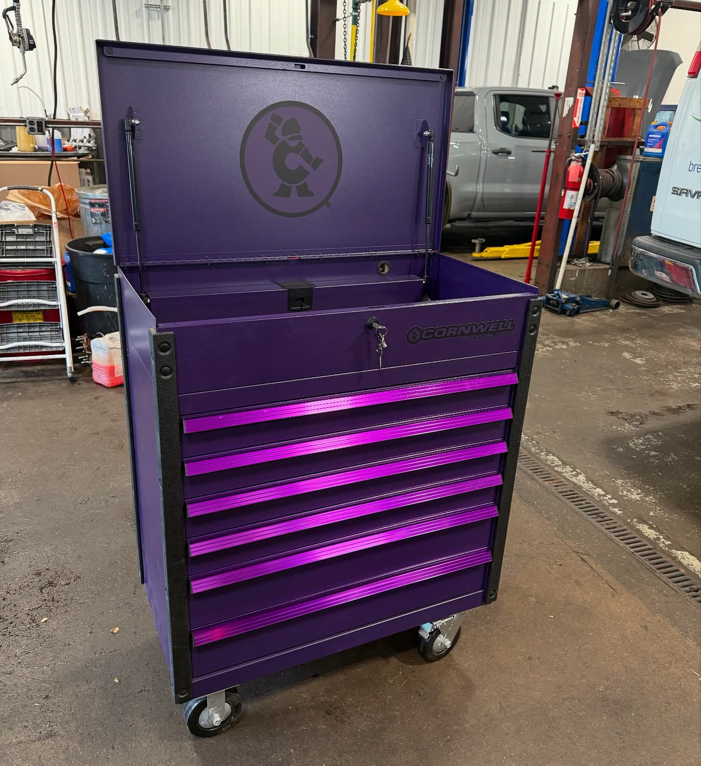 A Cornwell service cart delivered by the Tool Co truck, open in a working shop bay in the Rio Grande Valley