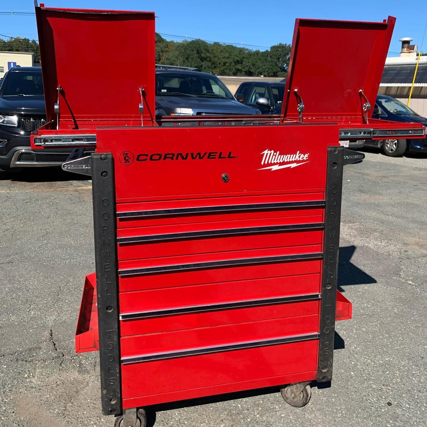 A Cornwell tool cart opened up in a shop lot, delivered on the Tool Co truck's Edinburg stop