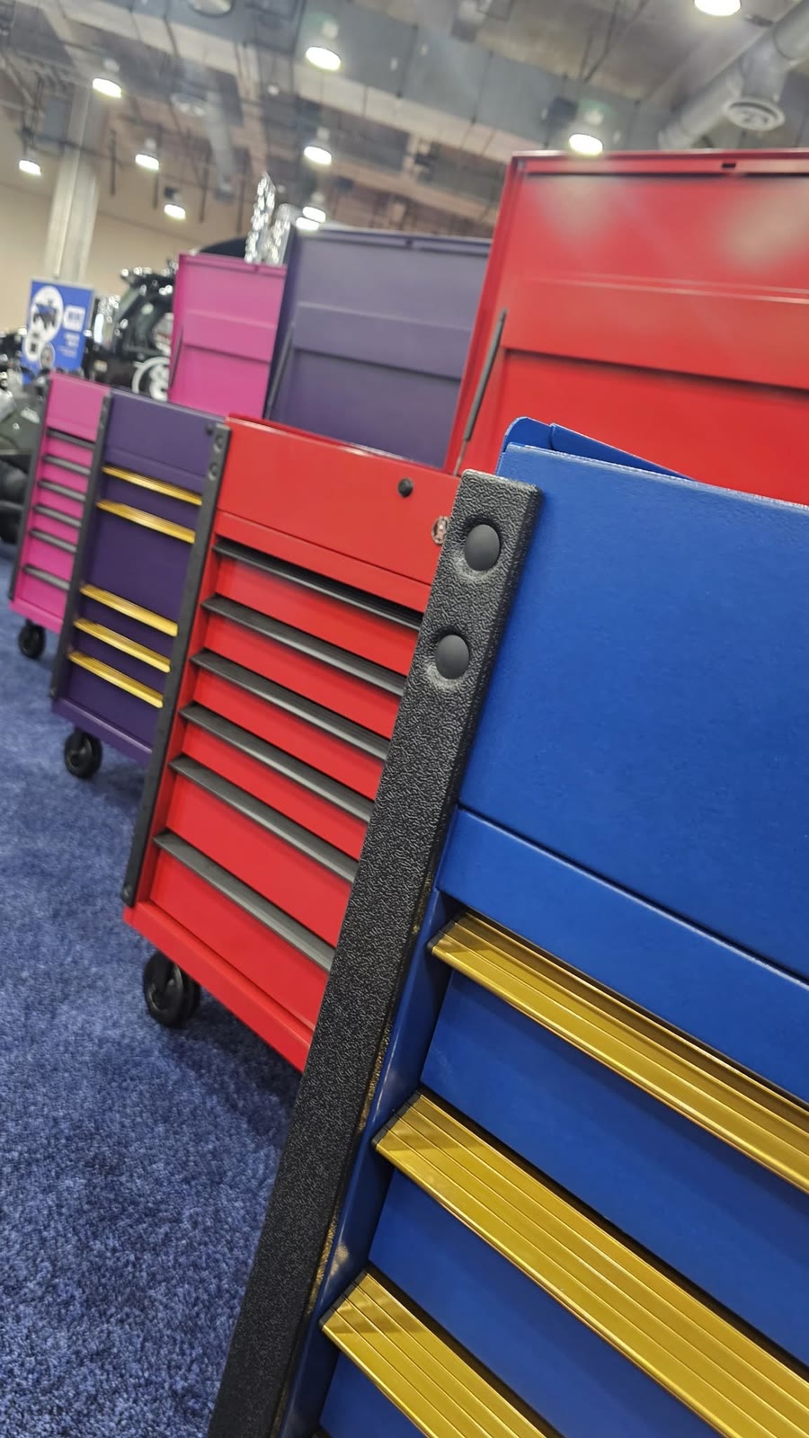 Cornwell toolboxes in a row on a show floor, the kind of storage the Tool Co truck delivers to Alamo shops